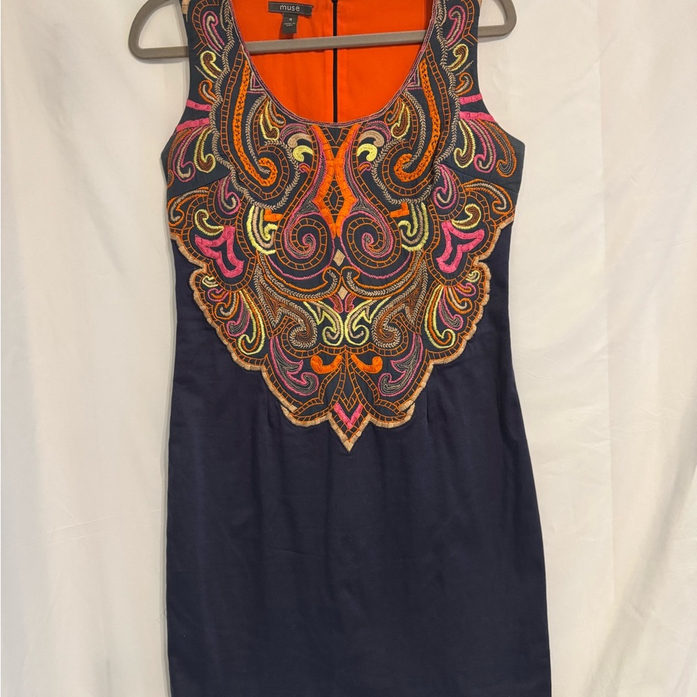 Muse Vibrant Embroidered Mini Dress - Navy and Multicolor